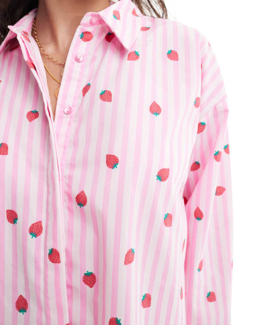 Pieces strawberry stripe oversized shirt in pink | ASOS