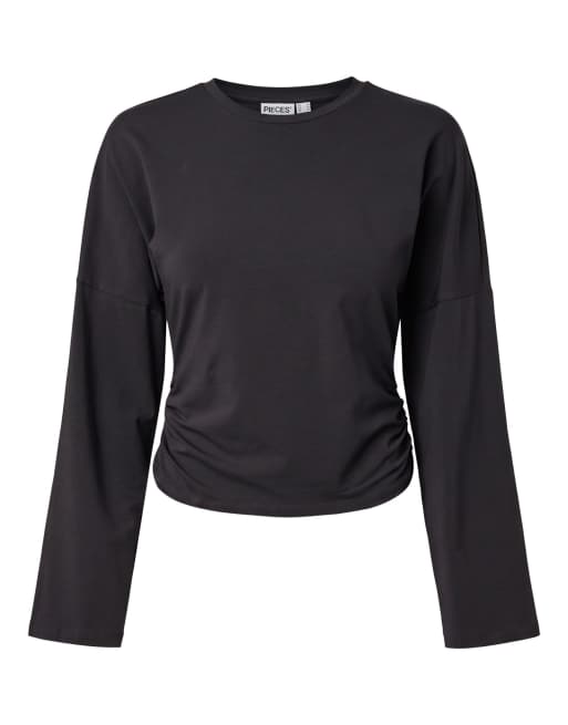 Pieces Stretch-Jersey-Oberteil mit Rundhalsausschnitt und langen Ärmeln in Schwarz, 6 von 7