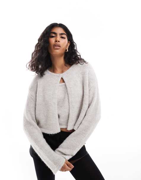 Pieces – Strickjacke zum Reinschlüpfen in Taubengrau, Kombiteil - view 1