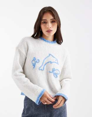 Pieces - Strickpullover in Creme mit Delfin-Motiv in Blau-Bunt