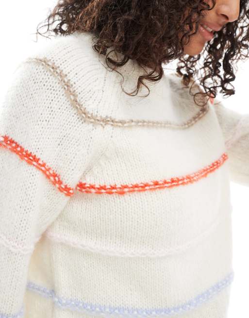 Pieces – Strickpullover in Cremeweiß mit buntem Streifenmuster, 3 von 4