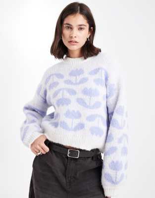 Pieces - Strickpullover in Lavendel und Weiß mit Tulpenmuster-Lila