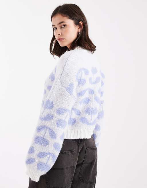 Pieces – Strickpullover in Lavendel und Weiß mit Tulpenmuster, 2 von 4