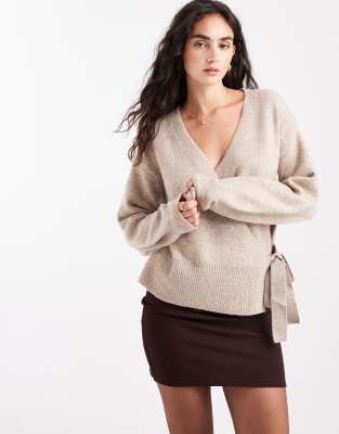 Pieces - Strickpullover in meliertem Taupe mit seitlichem Bindedetail-Neutral