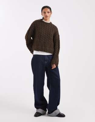 Pieces - Strickpullover in Schokobraun mit Zopfstrickmuster-Brown