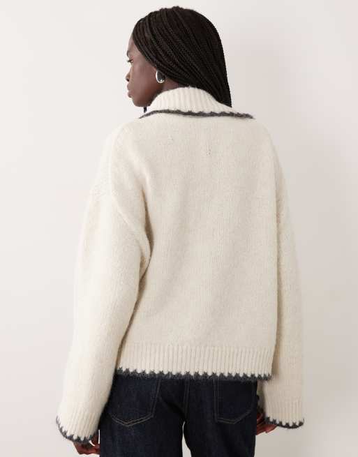 Pieces Strickpullover mit Blanket-Stitch und Oversize-Kragen in Cremeweiß, 2 von 4