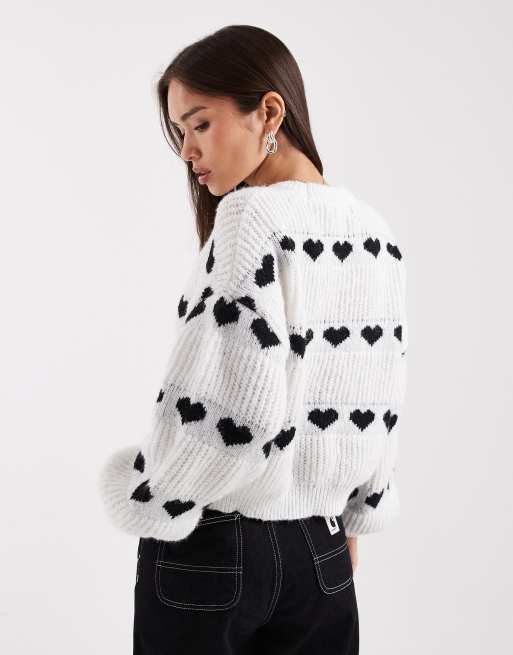 Pieces – Strickpullover mit Herzmuster in Schwarz-Weiß, 4 von 4