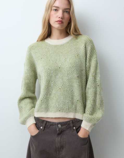 Pieces Strickpullover mit Struktur in Grün und Creme - view 1