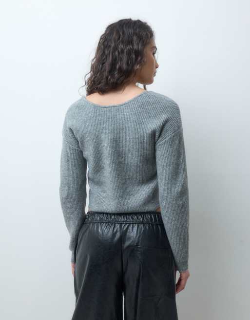 Pieces Strickpullover mit Wickeloptik in Mittelgrau meliert, 2 von 4