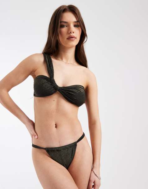 PIECES string side bikini bottoms in black and gold glitter - part of a set - view 1