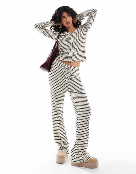 Pieces stripe jersey trouser with tie waist in co-ord mono stripe - view 1
