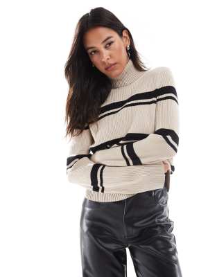 striped roll neck top in beige and black-Neutral