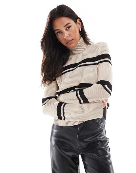 Pieces striped roll neck top in beige and black - view 1