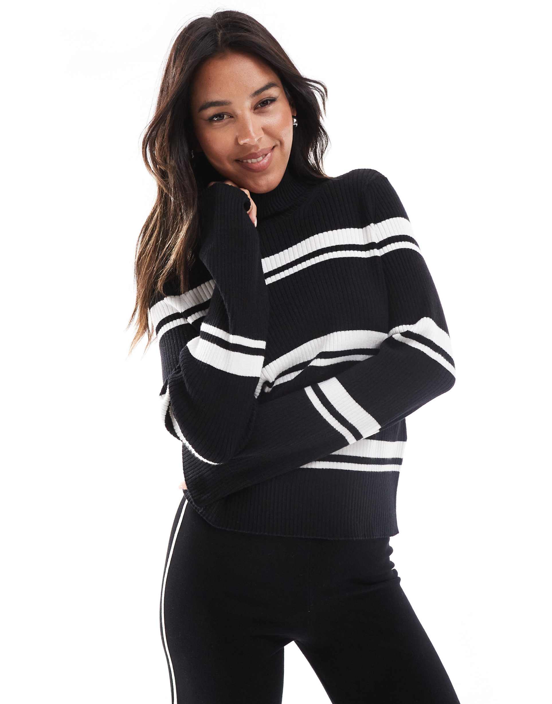 pieces striped roll neck top in black and white