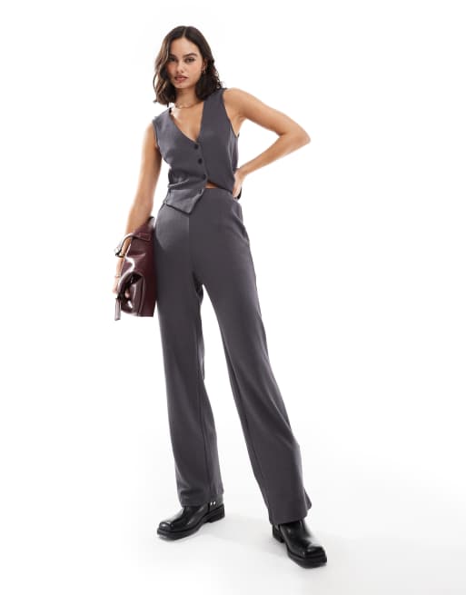 Pieces structured jersey high waisted pants in magnet gray - part of a set