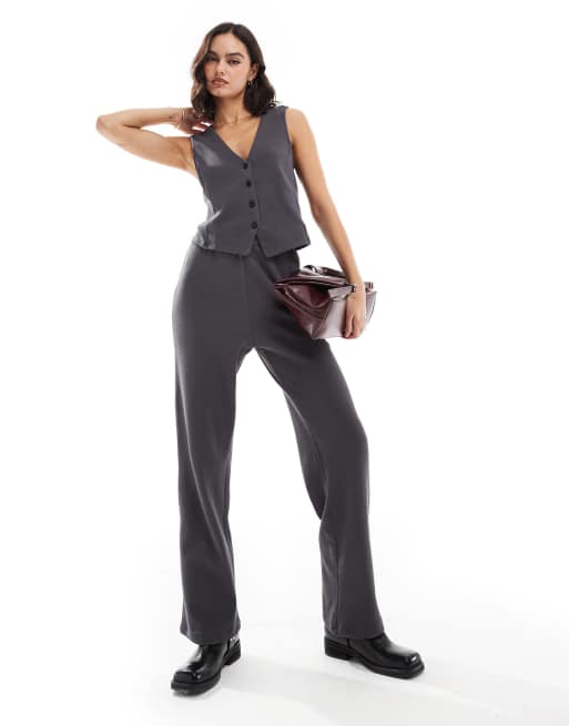Pieces structured jersey vest and high waist pants set in magnet gray