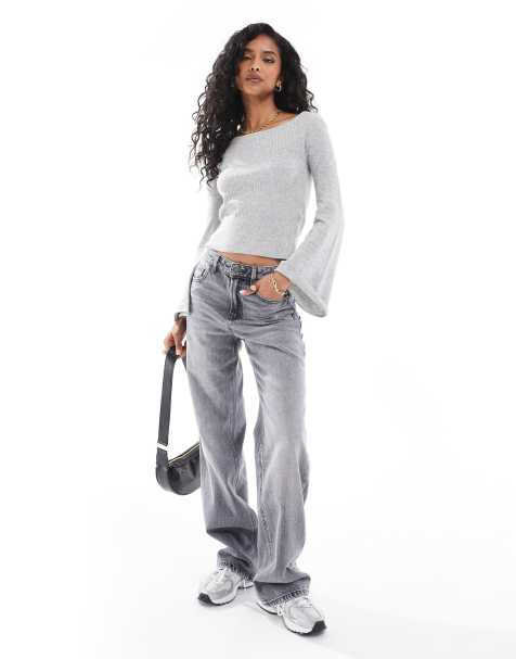 Pieces structured rib knit top with flared sleeve in grey - view 1