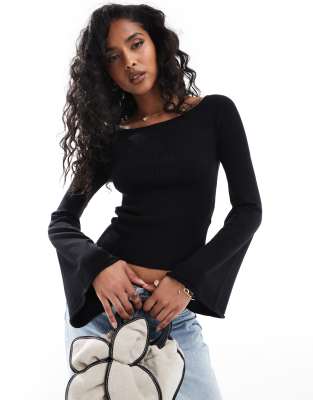 structured rib knit top with flared sleeves in black