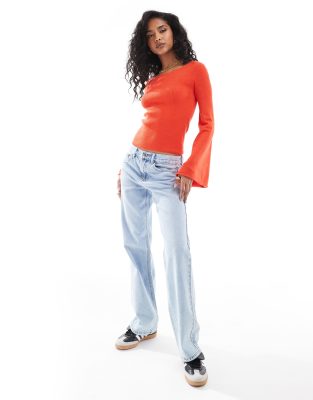 Pieces Structured Rib Knit Top With Flared Sleeves In Red