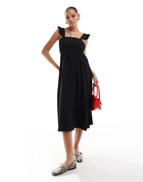 Pieces – Strukturiertes Jersey-Maxikleid in Schwarz mit Rüschenträgern - view 1