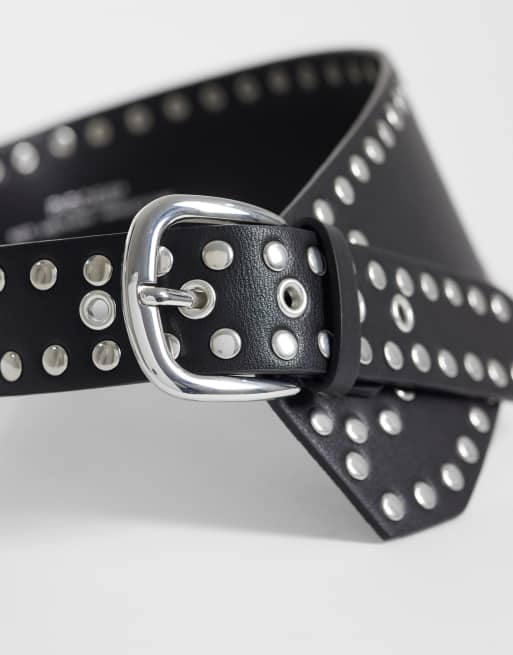 Pieces studded oversized waist belt in black, 2 of 3