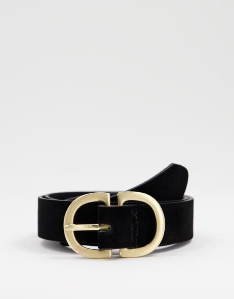 Pieces suede double curved buckle belt in black - view 1