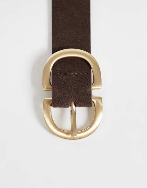 PIECES suede gold double buckle belt in chocolate brown, 3 of 3