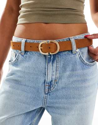 Pieces suede gold double buckle belt in cognac brown - view 1