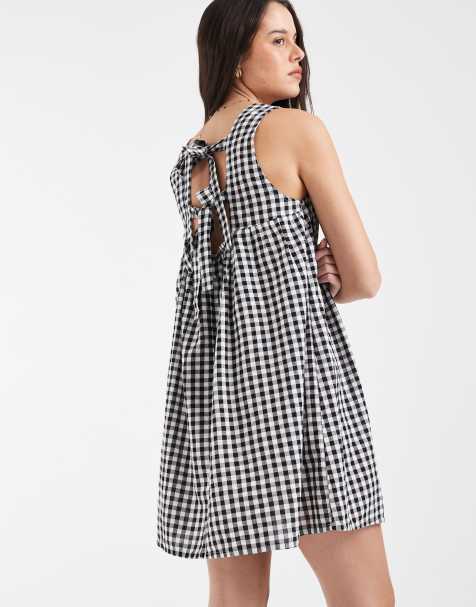 Pieces – Sukienka mini z kory bez rękawów, z wiązaniem z tyłu, w czarno-białą kratę vichy - view 1