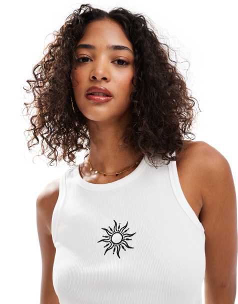 Pieces sun embroidered singlet top in white - view 1