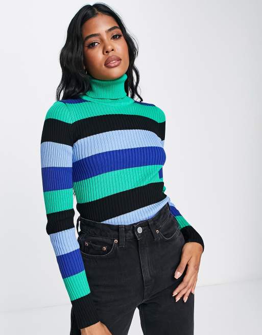 Pieces Suna high neck striped knit sweater in multi | ASOS