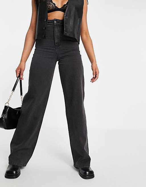 Pieces super high waisted wide leg jeans in black