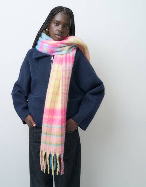 Pieces super mjuk scarf med tofsar i pastellfärgat mikrorutigt mönster - view 1