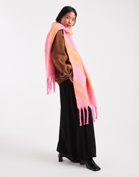 Pieces super soft diagonal stripe tassel scarf in pink and orange - view 1