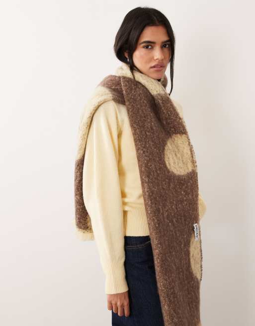 Pieces super soft knitted scarf in brown and cream polka dot, 3 of 3