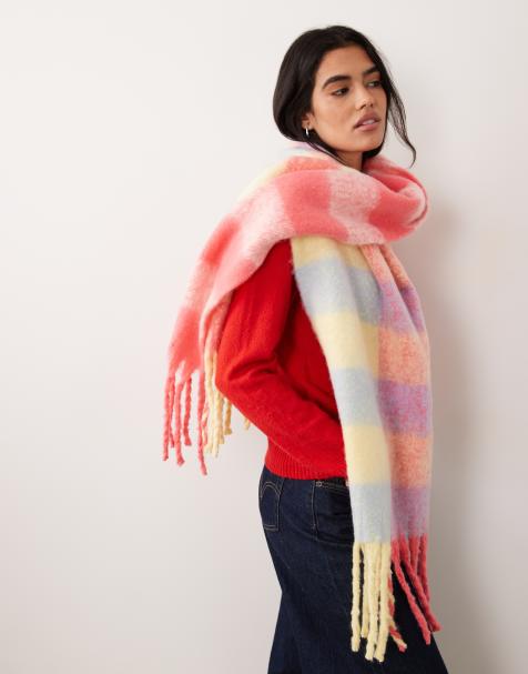 Pieces super soft knitted tassel scarf in vibrant pastel check - view 1