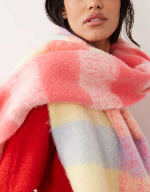 Pieces super soft knitted tassel scarf in vibrant pastel check, 2 of 3