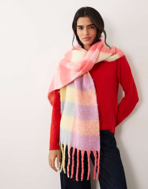 Pieces super soft knitted tassel scarf in vibrant pastel check, 3 of 3