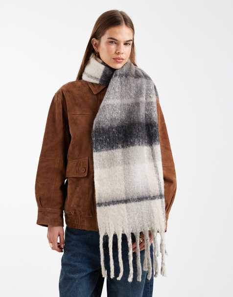 Pieces super soft long tassle scarf in neutral check - view 1