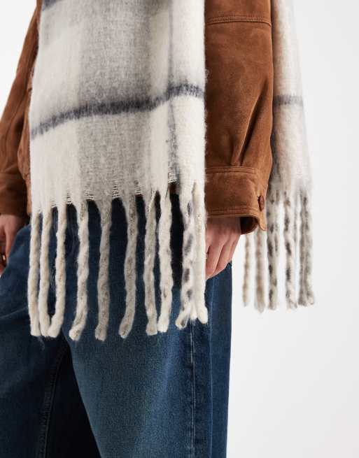 Pieces super soft long tassle scarf in neutral check, 3 of 3