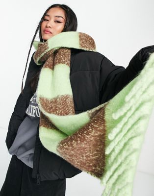 Pieces super soft oversized scarf in green & brown stripe