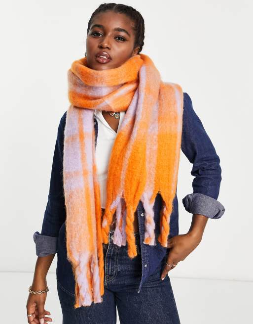 Pieces super soft oversized tassel scarf in orange check ASOS