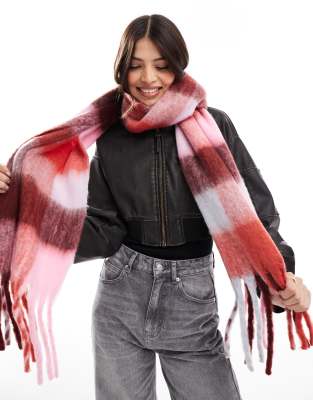 super soft tassel scarf in fall warm plaid-Red