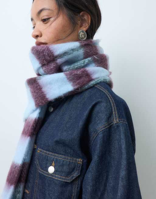 Pieces super soft tassel scarf in light blue and burgundy check | ASOS