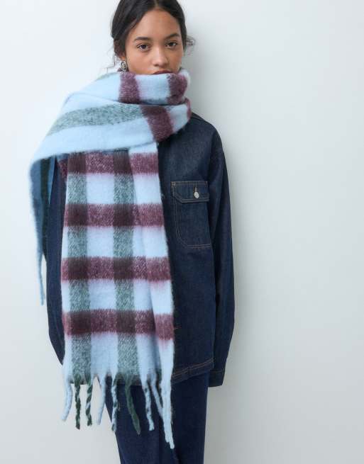 Pieces super soft tassel scarf in light blue and burgundy check | ASOS