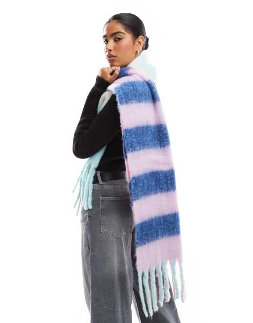 Pieces super soft tassel scarf in ombre sherbert stripes and check, 2 of 4