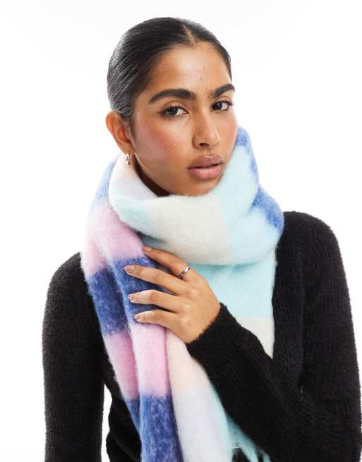 Pieces super soft tassel scarf in ombre sherbert stripes and check, 4 of 4