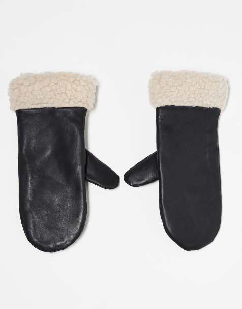 Pieces – Svarta vantar i äkta läder med teddydetaljer - view 1