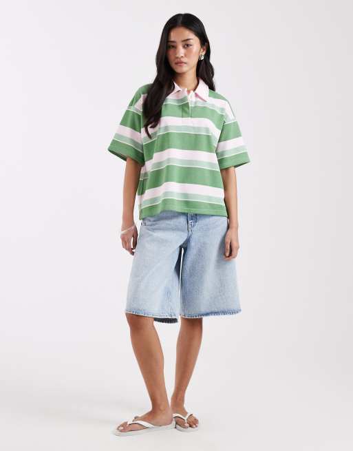 Pieces - Sweat rayé à manches courtes et col polo - Vert/rose, 2 de 4