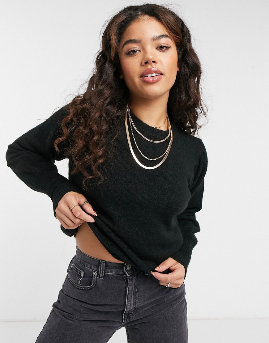 Pieces sweater with puff sleeves and deep cuffs in black